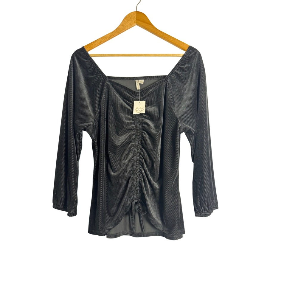 Dark Romance Cato Womens LG Blouse Black Ribbed Velvet Cinched Front Square Neck